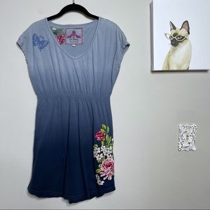 Johnny Was Blue Cotton Floral Embroidered Dress Size Small